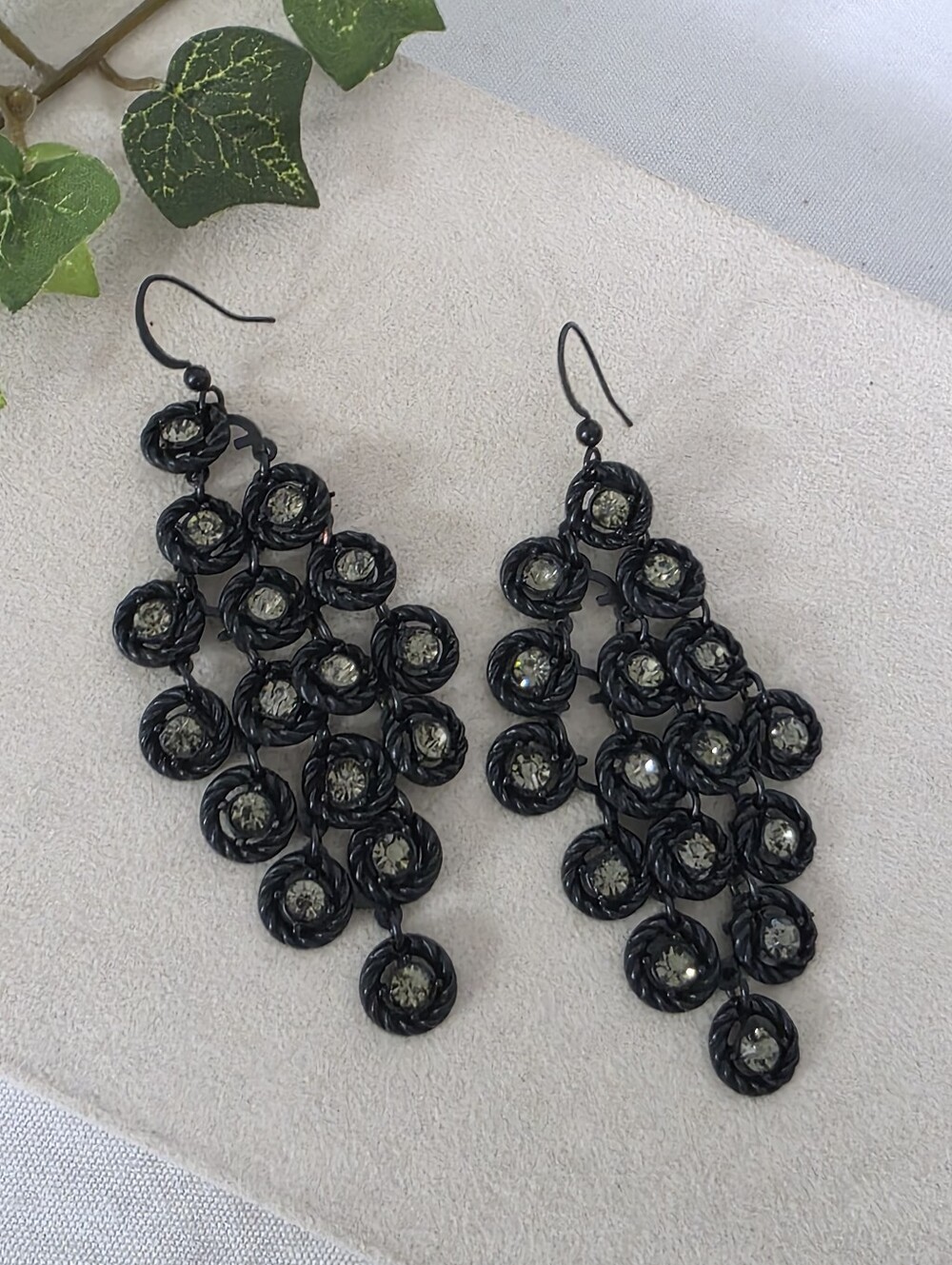 Black Metal Rope Frame Tiered Chandelier Earrings Smoky Rhinestones